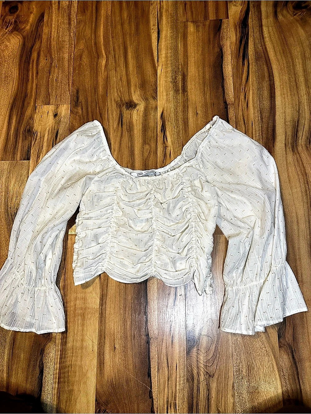 Zara M Ivory Swiss Dot Ruched Crop Top Bell Sleeve Square Neck Boho Cottagecore - Picture 3 of 9